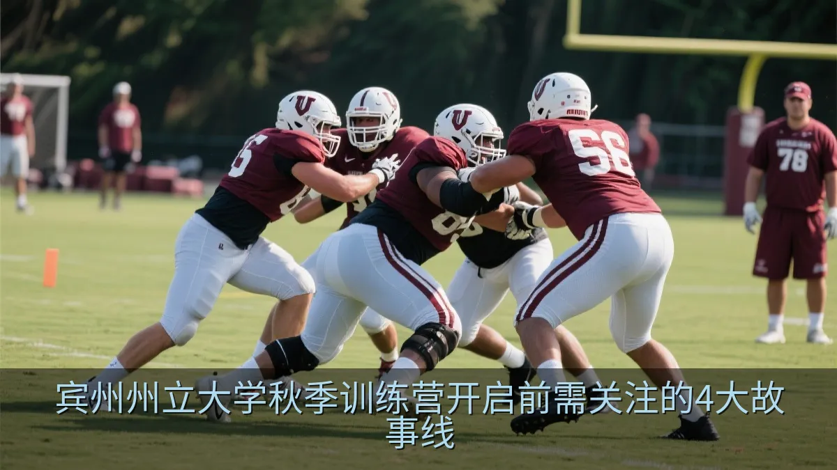 大学橄榄球队防守球员在训练中进行防线对抗